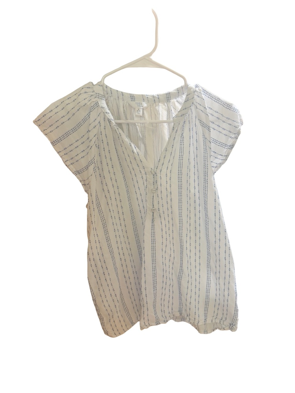 Time and Tru White & Navy Vertical Dash Stripe Flutter Sleeve Blouse - Size S